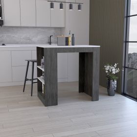 Kitchen Island, Kitchen Bar Table 36" H, 3-Side Shelves, Smokey Oak / Ibiza Marble Color Finish