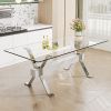 Dining table. Modern tempered glass dining table. Large modern office desk with silver plated metal legs and MDF crossbars