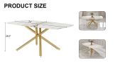 Large modern minimalist rectangular dining table with 0.39 "imitation marble tabletop and golden metal legs, suitable for kitchen, dining room