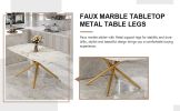 Large modern minimalist rectangular dining table with 0.39 "imitation marble tabletop and golden metal legs, suitable for kitchen, dining room