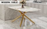 Large modern minimalist rectangular dining table with 0.39 "imitation marble tabletop and golden metal legs, suitable for kitchen, dining room
