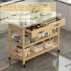 Stainless Steel Countertop Solid Wood Kitchen Cart with Storage Drawers and Shelves, Rotatable Kitchen Island with Steel Table Top and Tower Rack
