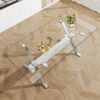 Dining table. Modern tempered glass dining table. Large modern office desk with silver plated metal legs and MDF crossbars